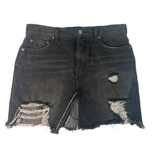 We The Free Free People Black Denim Mini Skirt 27‎ Distressed Raw Hem Button Fly